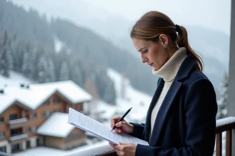 Femme consultant des documents immobiliers sur un balcon enneigé avec vue sur la station des Menuires
