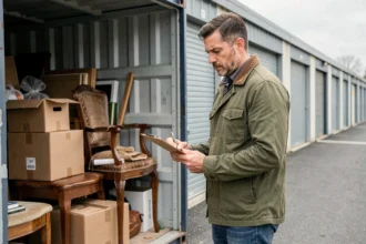 Homme examinant le contenu d'un box de stockage lors d'une vente aux enchères de garde-meubles