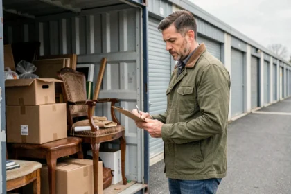 Homme examinant le contenu d'un box de stockage lors d'une vente aux enchères de garde-meubles