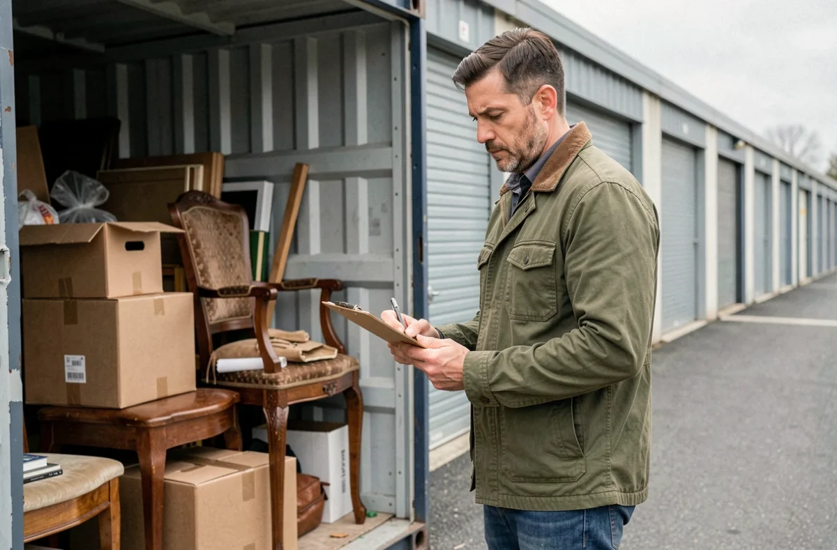 Homme examinant le contenu d'un box de stockage lors d'une vente aux enchères de garde-meubles