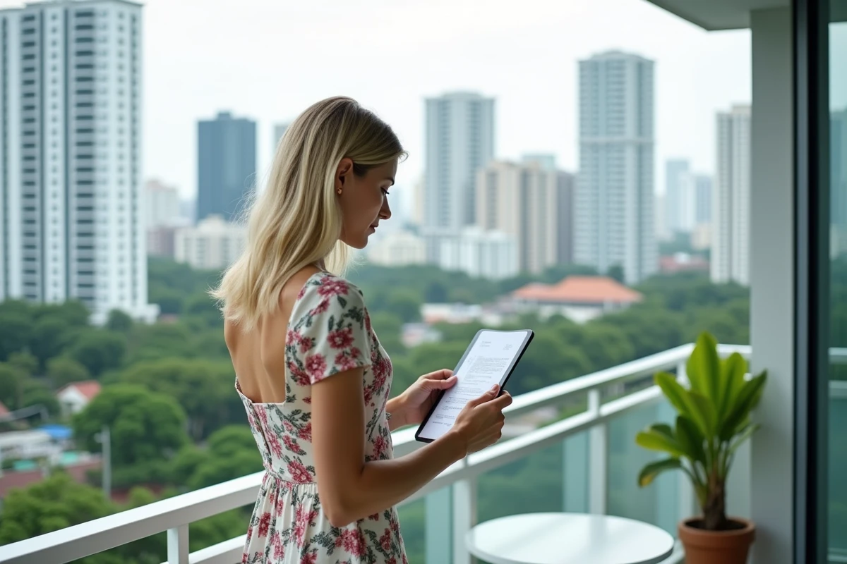 Expatriée consultant des annonces immobilières depuis le balcon d'un condo moderne à Bangkok dans le quartier Sukhumvit
