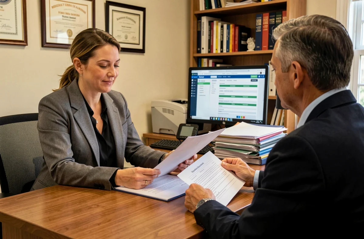 Conseillère de l'agence AFEDIM Gestion en réunion de signature de contrat de gestion locative avec un propriétaire