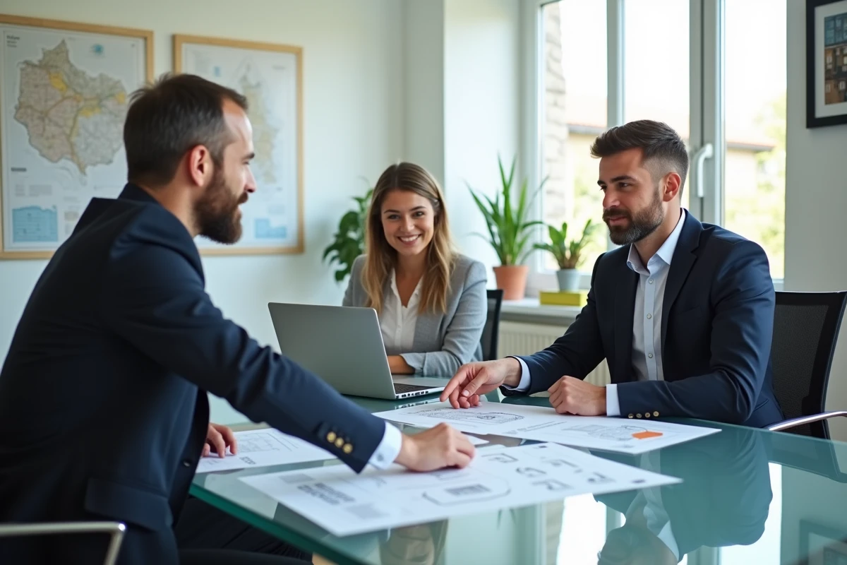 Agent immobilier présentant des appartements à des acheteurs dans une agence à Créteil pour un premier investissement serein