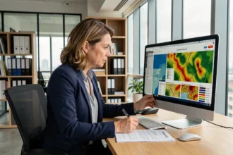 Agent immobilier professionnel analysant un rapport ERRIAL géorisque sur ordinateur avec dossier client ouvert sur son bureau