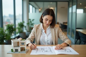 Femme agent immobilier analysant les plans d'un T1 bis dans une agence moderne