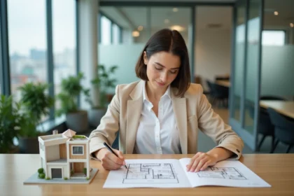 Femme agent immobilier analysant les plans d'un T1 bis dans une agence moderne