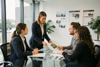 Agent immobilier Arthaud présentant une offre de vente à un couple dans une agence moderne
