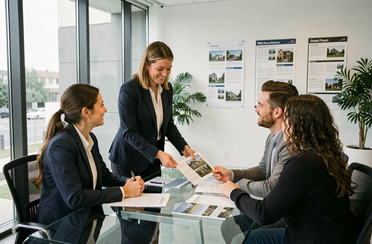 Agent immobilier Arthaud présentant une offre de vente à un couple dans une agence moderne