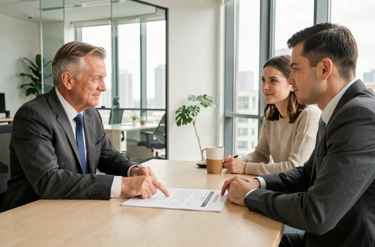 Agent immobilier expliquant une assurance RC propriétaire non occupant à des locataires