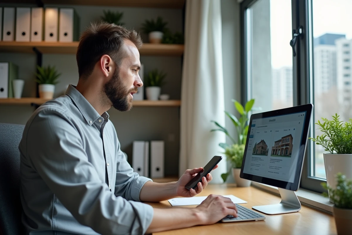 Agent immobilier travaillant depuis son bureau à domicile avec plusieurs écrans pour optimiser l'utilisation des outils Lions-immobilier.com