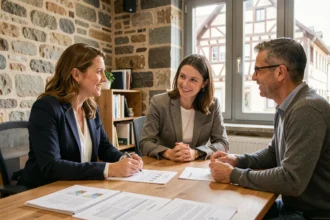 Agente immobilière IMMO PROXIMA conseillant un couple lors d'un achat immobilier sécurisé à Colmar