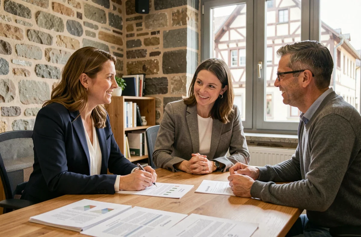 Agente immobilière IMMO PROXIMA conseillant un couple lors d'un achat immobilier sécurisé à Colmar