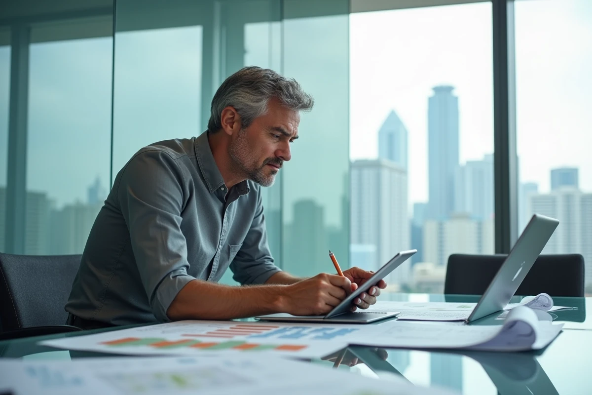 Agent immobilier confus analysant des données d'estimation incorrectes sur une tablette Jestimo