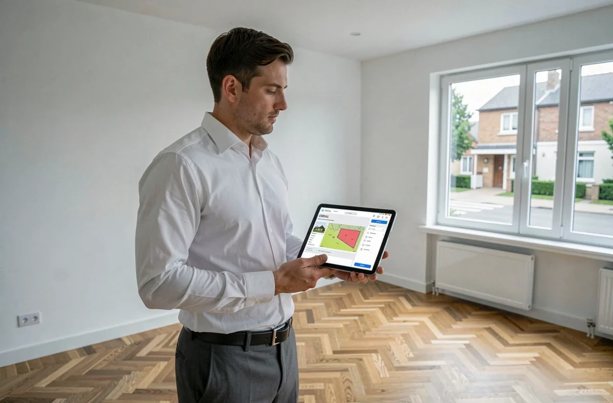 Agent immobilier consultant l'interface ERRIAL sur tablette lors d'une visite de bien immobilier
