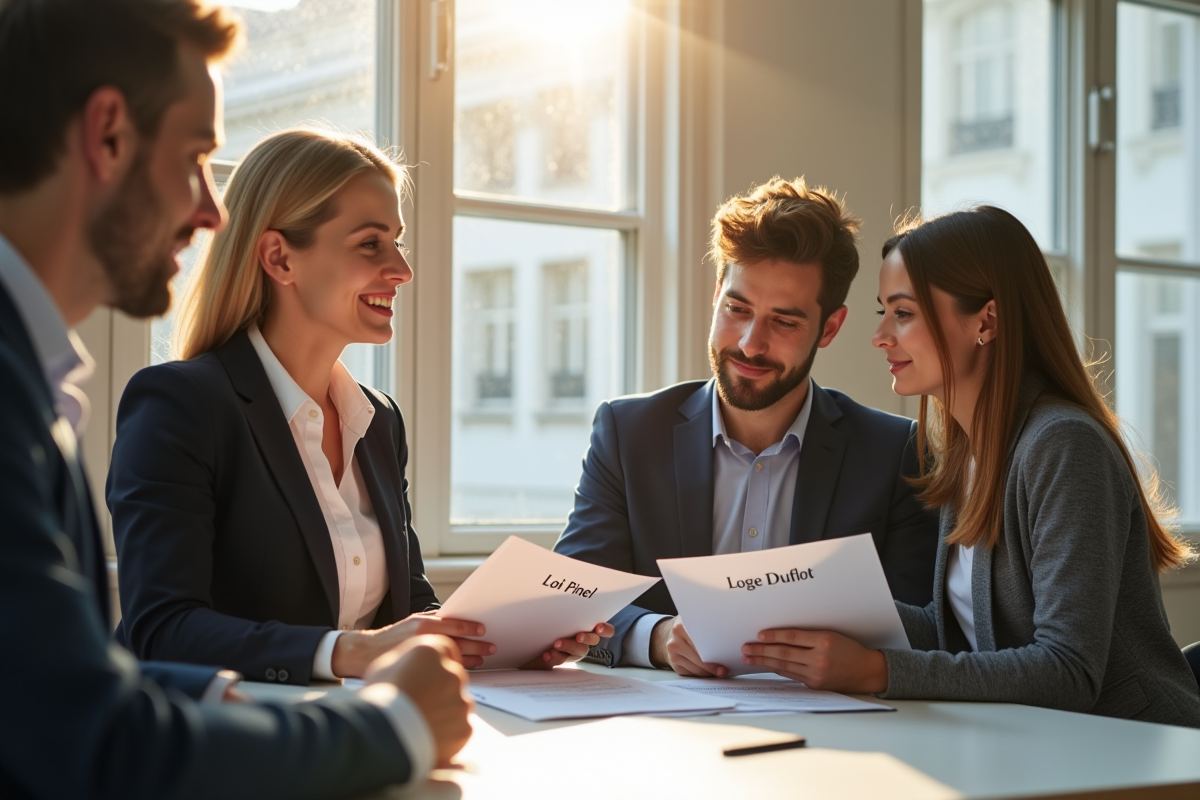 Agent immobilier montrant dossiers Loi Pinel et Duflot à un couple