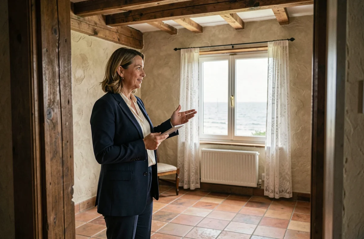 Agent immobilier présentant l'intérieur d'une maison normande à vendre proche du littoral
