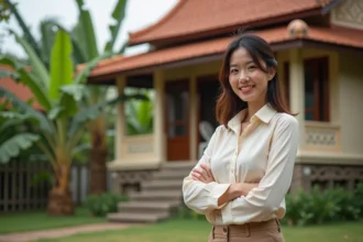 Agent immobilier thaïlandaise présentant une maison traditionnelle en bois à vendre à Chiang Mai