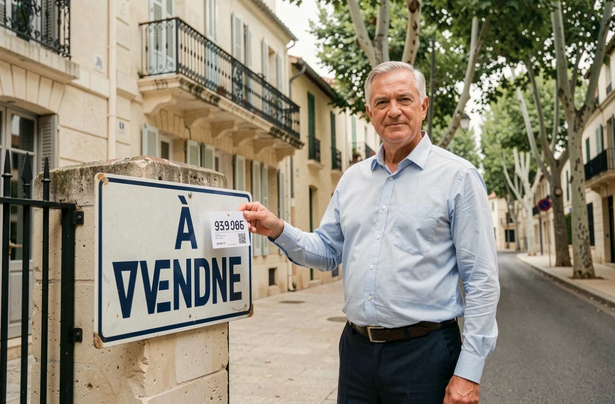 Agent immobilier présentant le prix de vente d'une maison de ville aixoise devant un panneau À Vendre