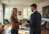 Agent immobilier remettant des clés à un couple souriant dans un salon lumineux