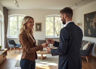 Agent immobilier remettant des clés à un couple souriant dans un salon lumineux