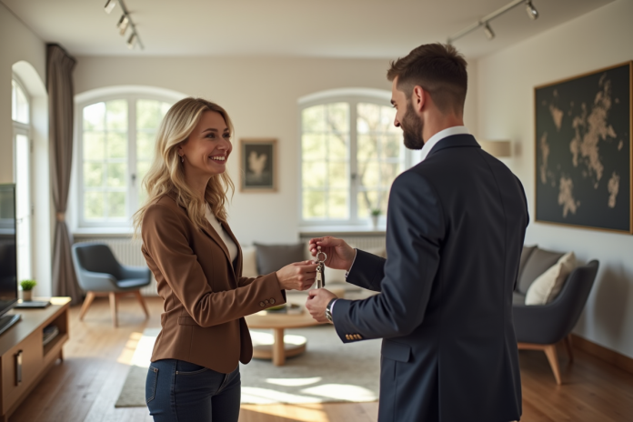 Agent immobilier remettant des clés à un couple souriant dans un salon lumineux