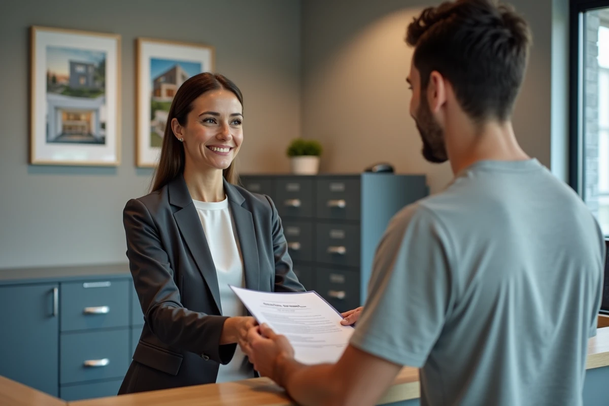 Agent immobilier remettant un document officiel à un locataire dans un bureau de gestion immobilière professionnelle