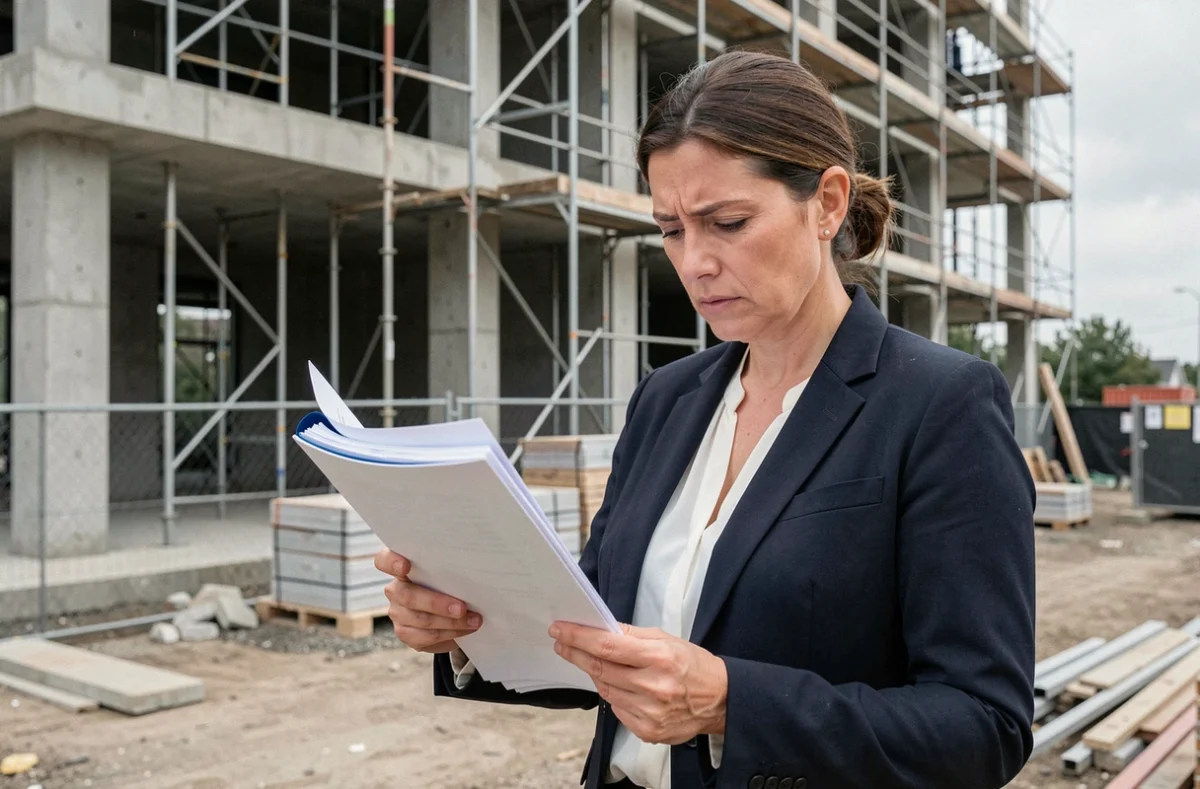 Agente immobilière tenant des documents devant un immeuble neuf en construction illustrant les risques de retour de lot