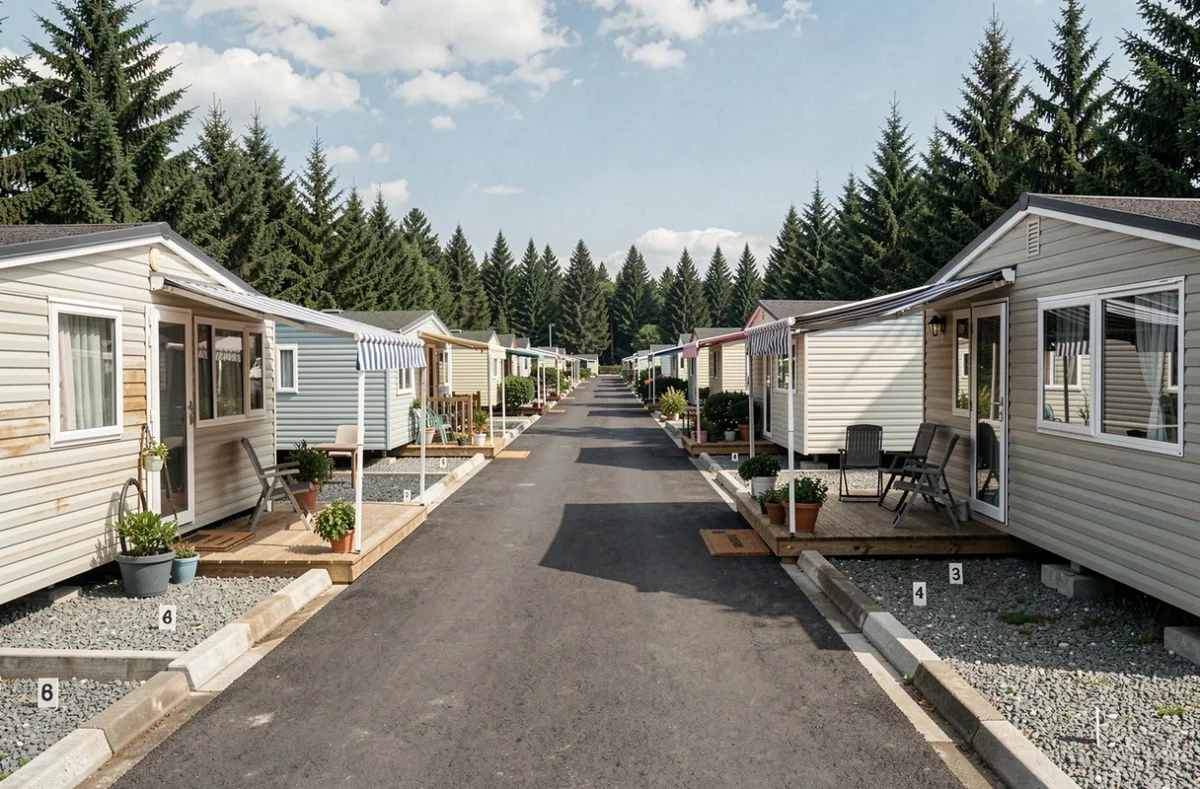 Allée de camping résidentiel avec emplacements annuels de mobil homes aménagés et personnalisés
