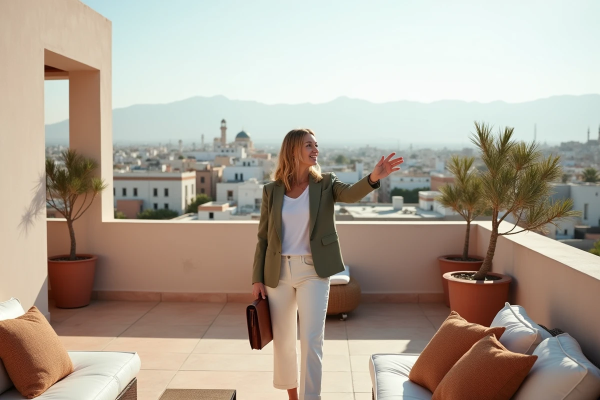 Femme agent immobilier sur la terrasse d'un appartement clé en main moderne à Marrakech avec vue sur les toits de la médina