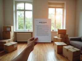 Résilier un bail pour travaux : démarches et conditions légales à connaître Salon bien éclairé avec cartons et avis d'expulsion