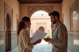 Couple visitant un appartement à rénover dans un riad traditionnel de Marrakech avec des détails en zellige et plâtre brut
