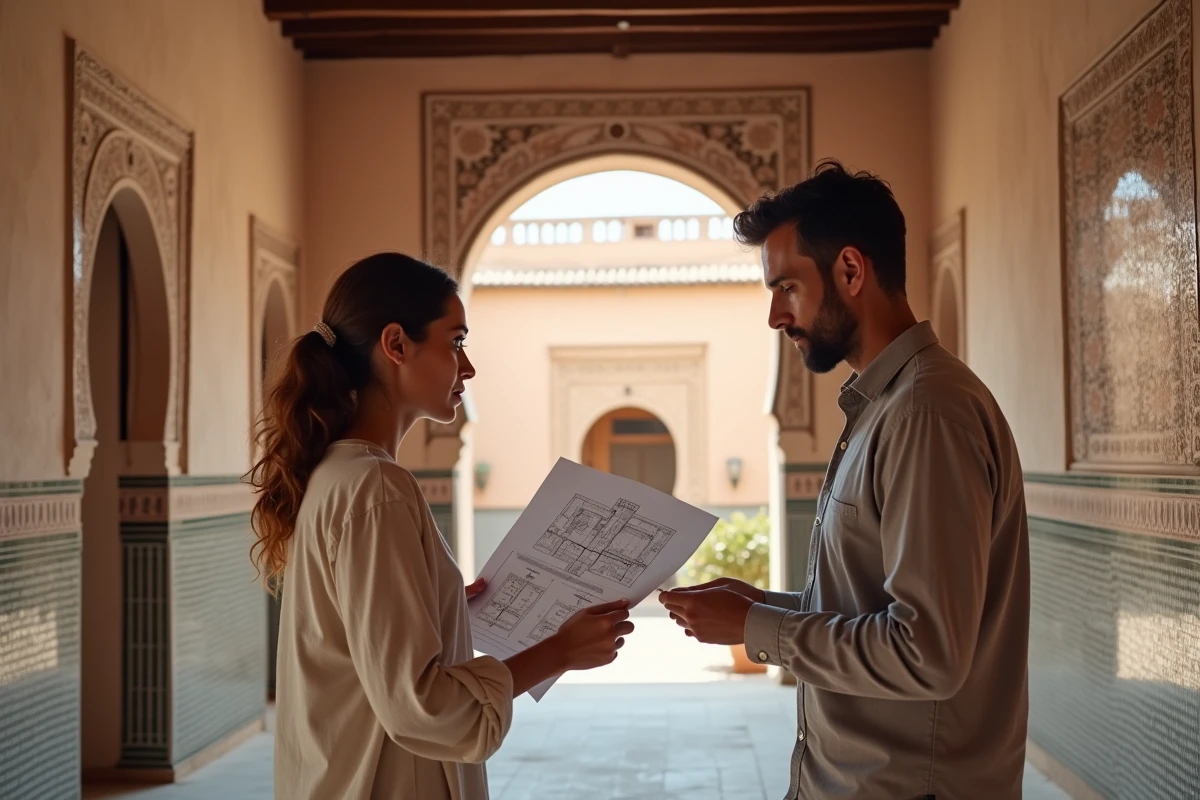 Couple visitant un appartement à rénover dans un riad traditionnel de Marrakech avec des détails en zellige et plâtre brut