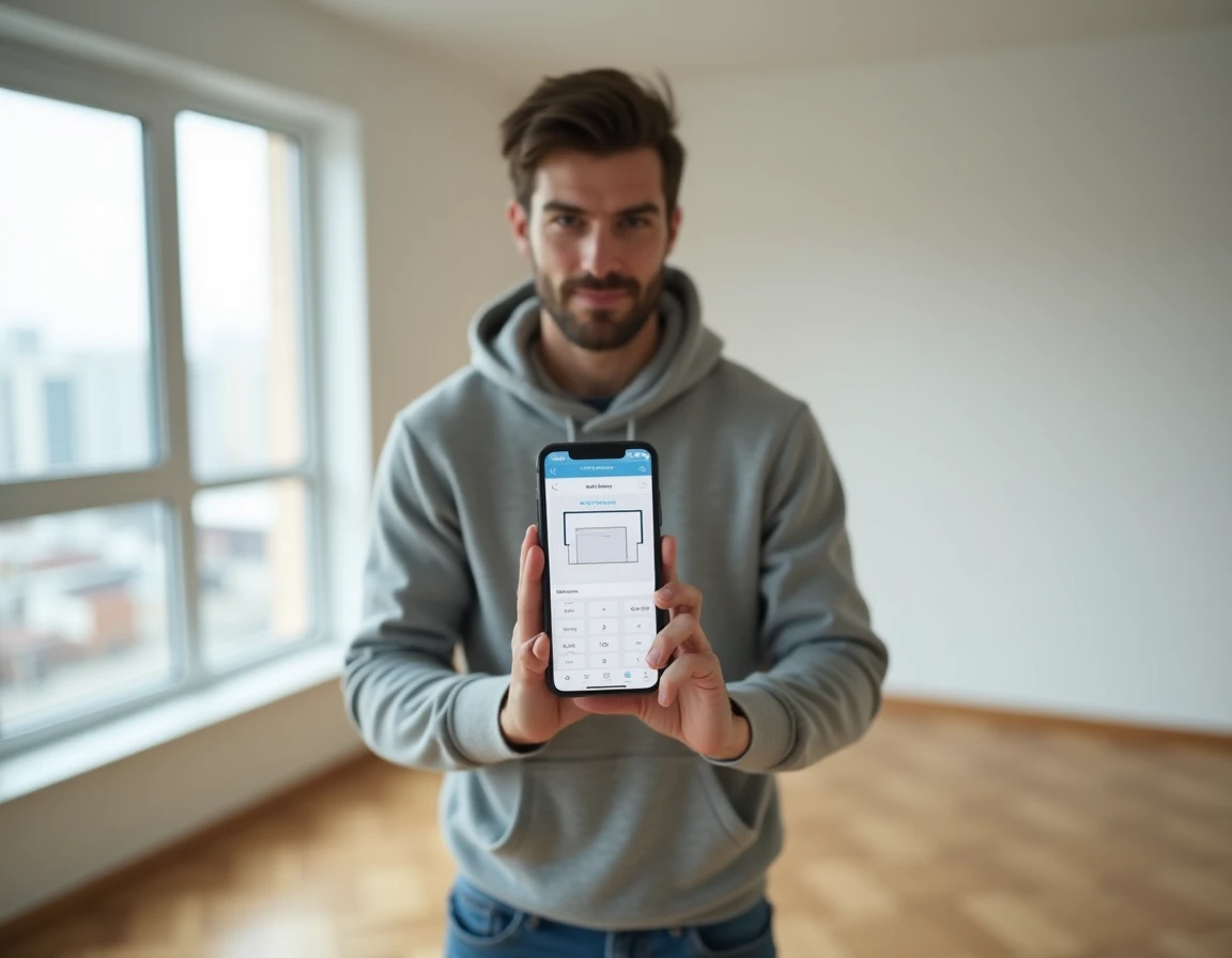 Jeune homme utilisant l'application Android calculateur m2 pour mesurer la surface d'une pièce vide avec son smartphone
