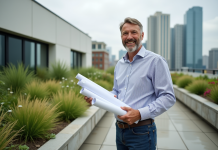 Architecte souriant dans un jardin sur le toit