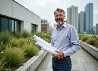 Guide exhaustif pour une toiture-terrasse végétalisée réussie Architecte souriant dans un jardin sur le toit