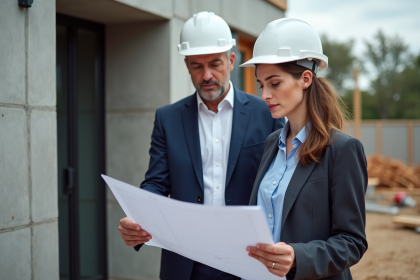 Architecte en costume bleu avec casque blanc examinant des plans devant une maison