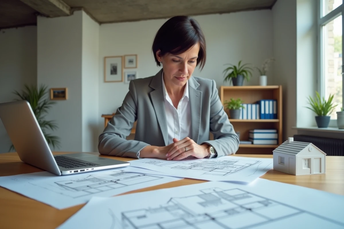 Architecte féminine examinant des plans d'extension de maison et des documents de copropriété sur un bureau, avec une maquette de toiture partagée en arrière-plan dans un cabinet d'architecture moderne