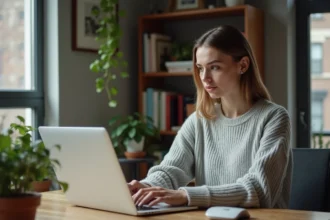 Femme consultant un site de location immobilière sur son ordinateur portable, l'air concentrée et prudente face aux offres en ligne