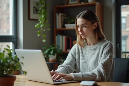 Femme consultant un site de location immobilière sur son ordinateur portable, l'air concentrée et prudente face aux offres en ligne
