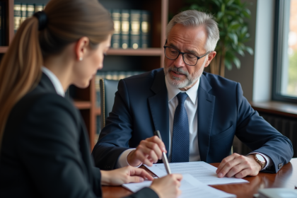 Avocat en costume bleu expliquant un document à une cliente
