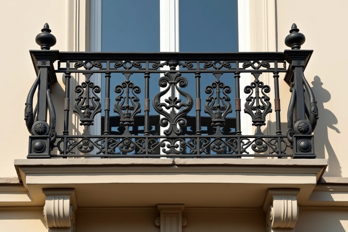 Détail des balcons et ferronneries d'un immeuble haussmannien montrant les motifs ornementaux en fer forgé, les volutes et les balustres caractéristiques du style Second Empire