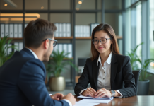 Femme en banque discutant avec conseiller en intérieur