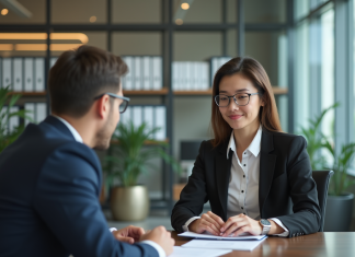 Femme en banque discutant avec conseiller en intérieur