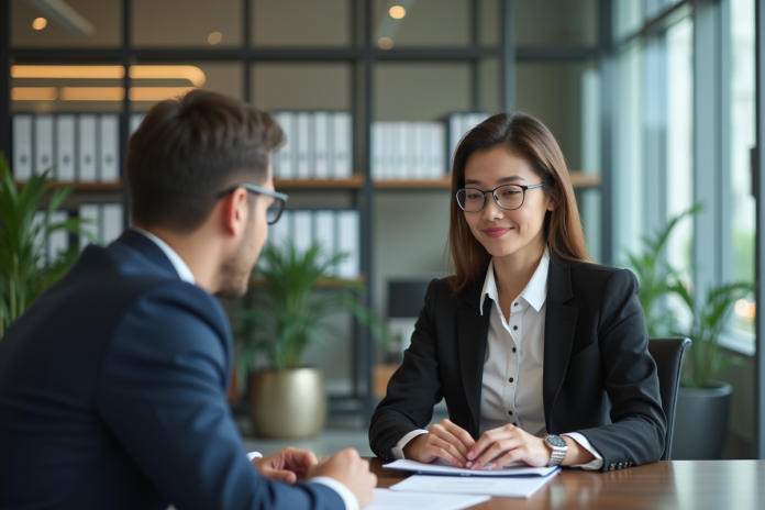 Femme en banque discutant avec conseiller en intérieur