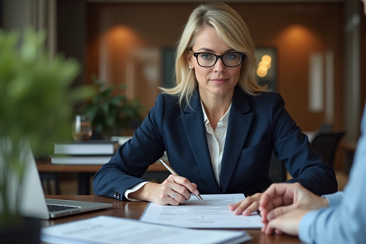 Banquière examinant un dossier de prêt immobilier