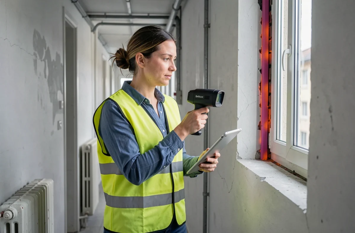 Auditrice énergétique certifiée OPQIBI réalisant un audit dans un immeuble résidentiel