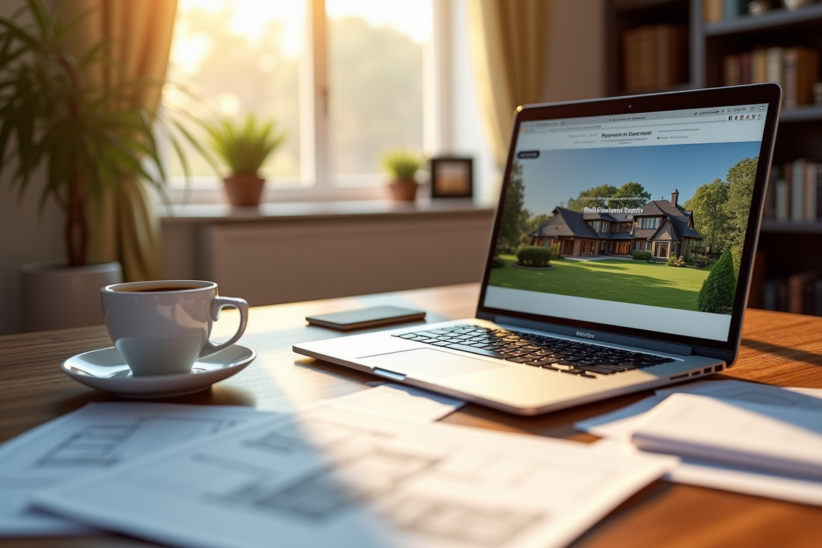 Bureau de luxe avec ordinateur et plans immobiliers en lumière naturelle