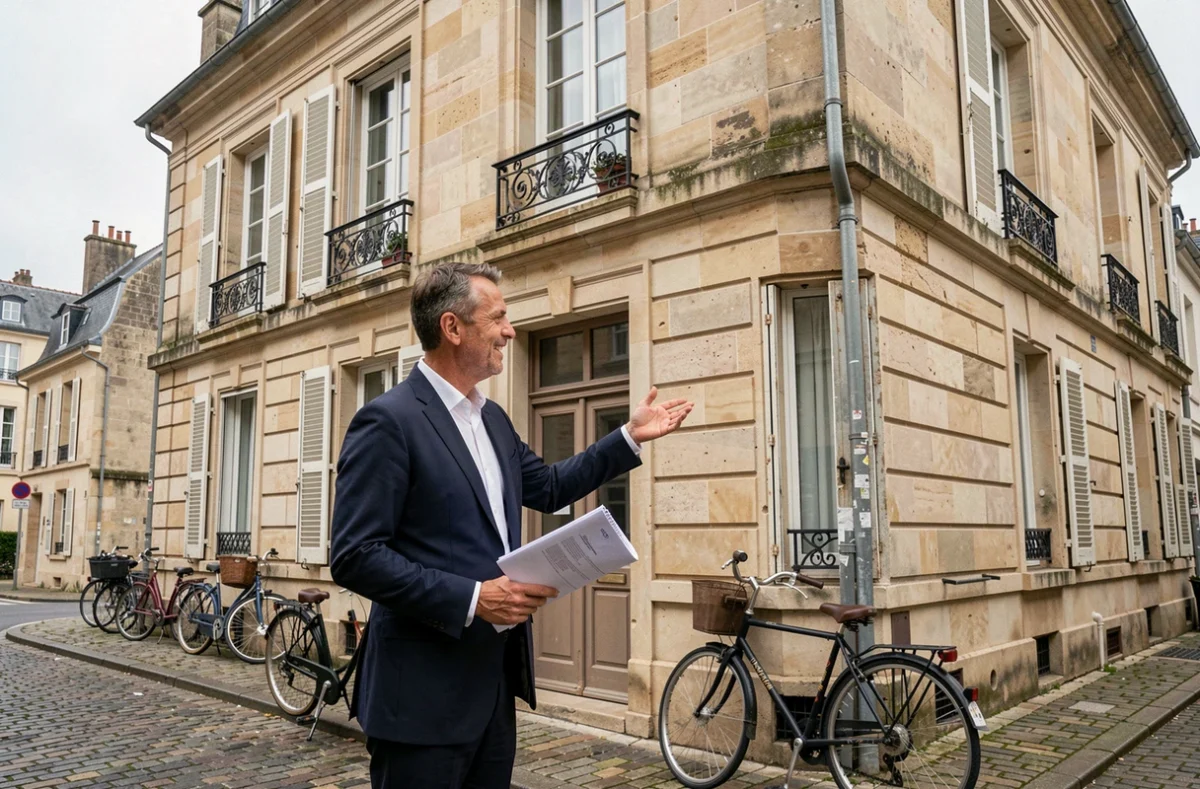 Gestionnaire du Cabinet Moison Nantes devant un immeuble locatif en pierre de taille dans le centre de Nantes