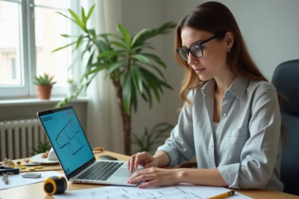 Femme utilisant un ordinateur portable pour calculer des surfaces en m2 avec des plans de sol sur un bureau en bois