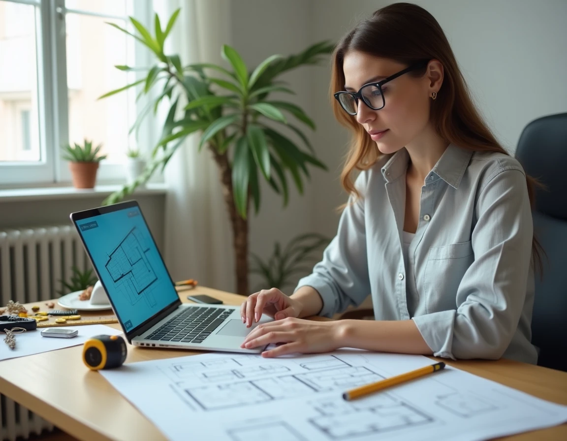 Femme utilisant un ordinateur portable pour calculer des surfaces en m2 avec des plans de sol sur un bureau en bois